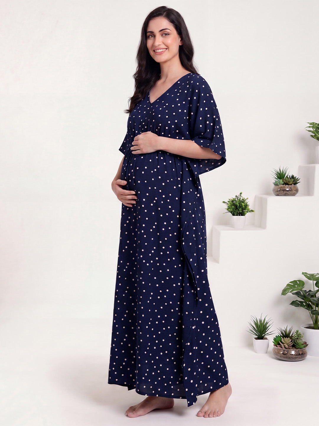 Navy Blue Polka Dots Rayon Maternity Kaftan