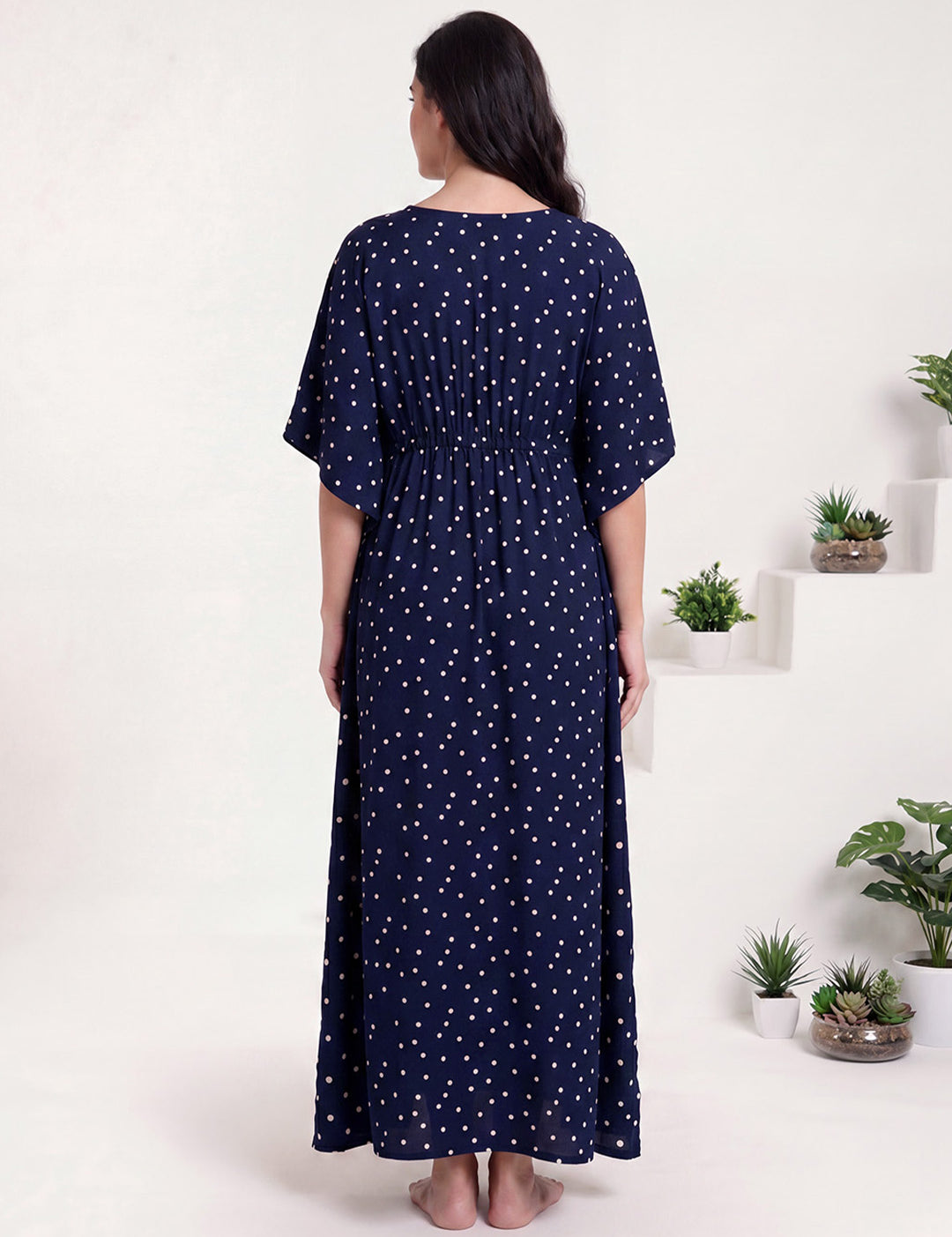 Navy Blue Polka Dots Rayon Maternity Kaftan