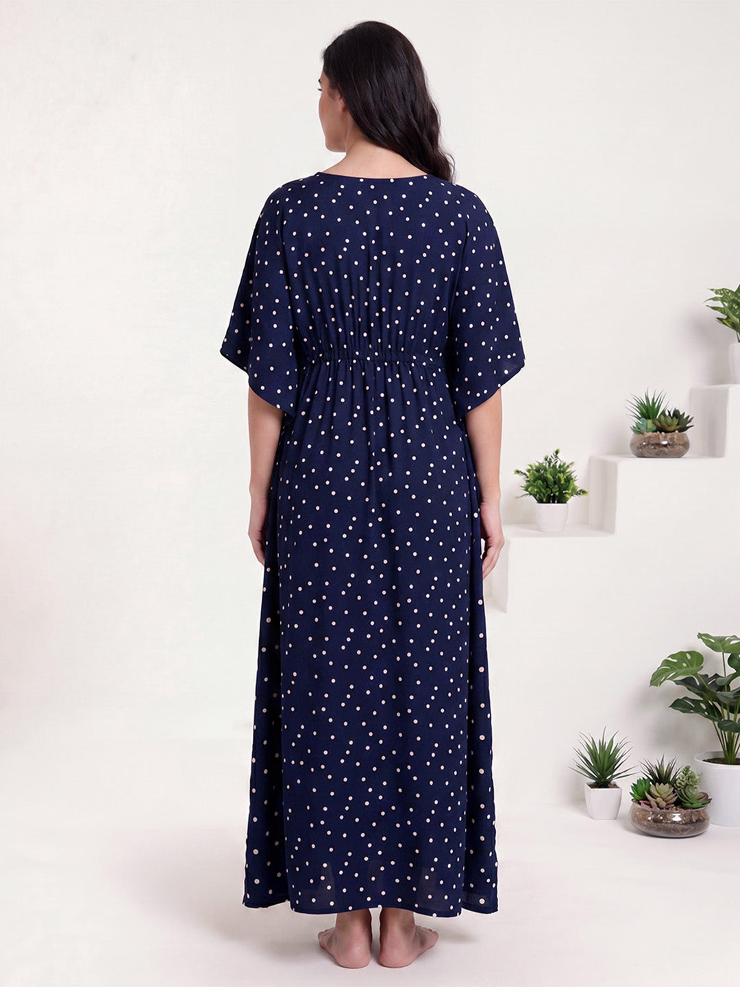 Navy Blue Polka Dots Rayon Maternity Kaftan