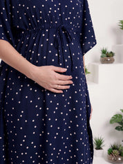 Navy Blue Polka Dots Rayon Maternity Kaftan