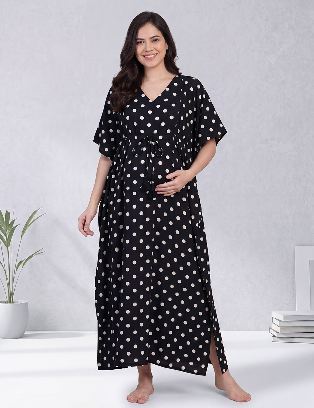 Black Polka Dots Rayon Maternity Kaftan