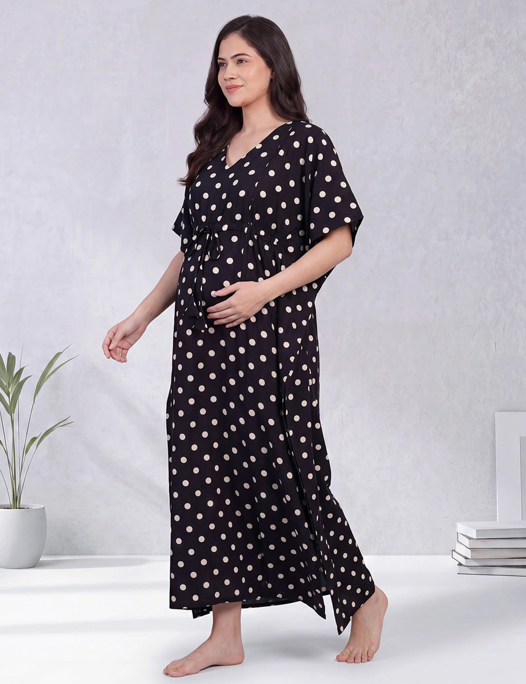 Black Polka Dots Rayon Maternity Kaftan