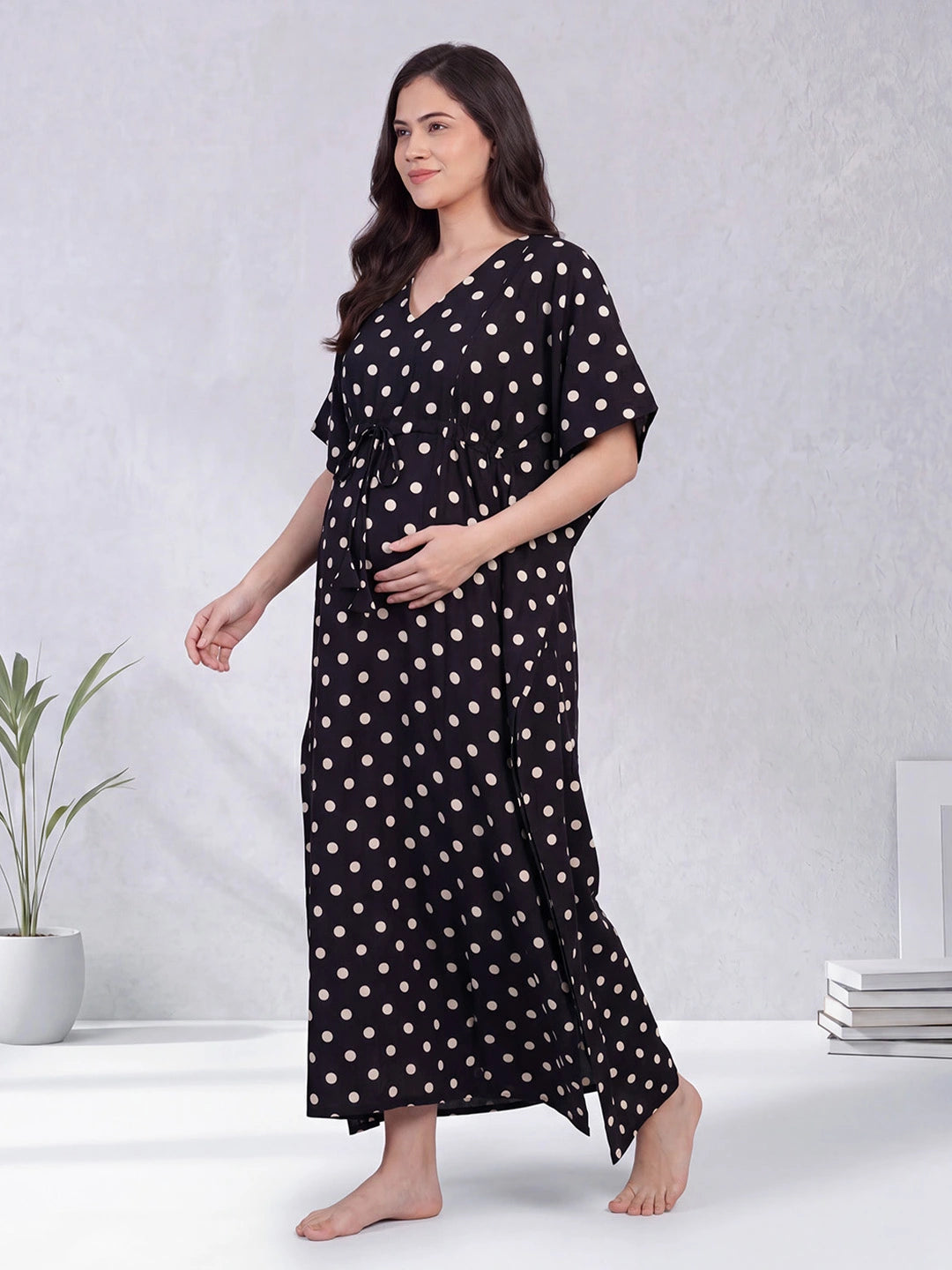 Black Polka Dots Rayon Maternity Kaftan