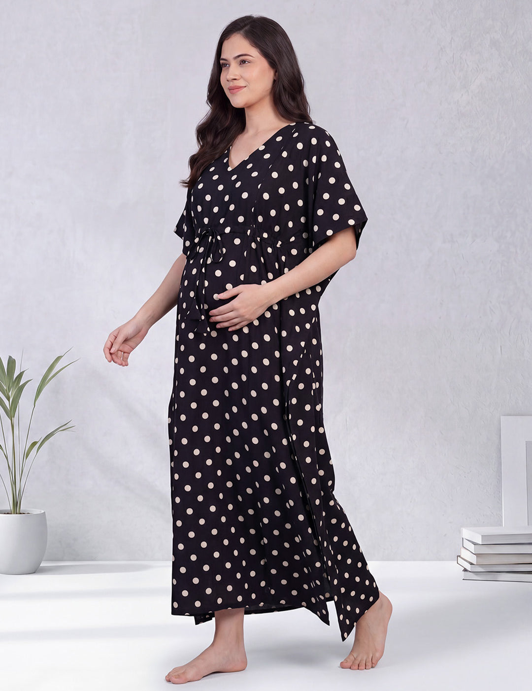 Black Polka Dots Rayon Maternity Kaftan
