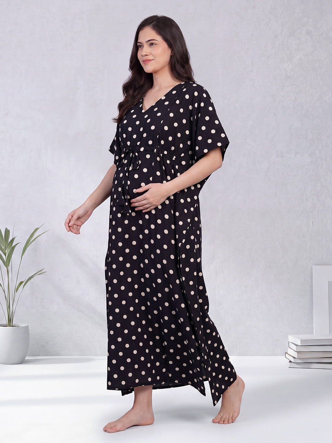 Black Polka Dots Rayon Maternity Kaftan