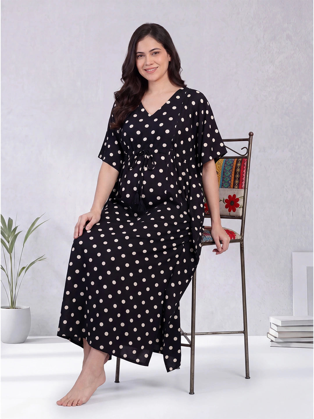 Black Polka Dots Rayon Maternity Kaftan
