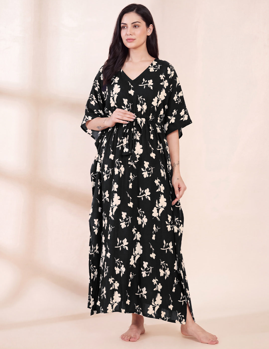 Black Floral Rayon Maternity Kaftan