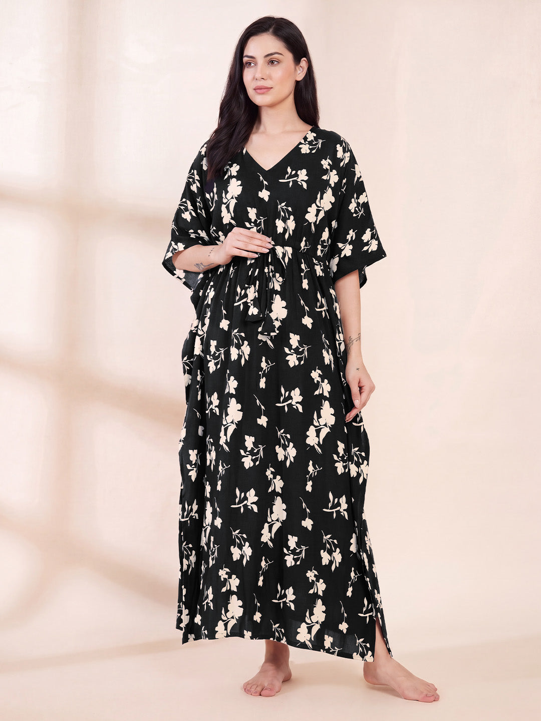 Black Floral Rayon Maternity Kaftan