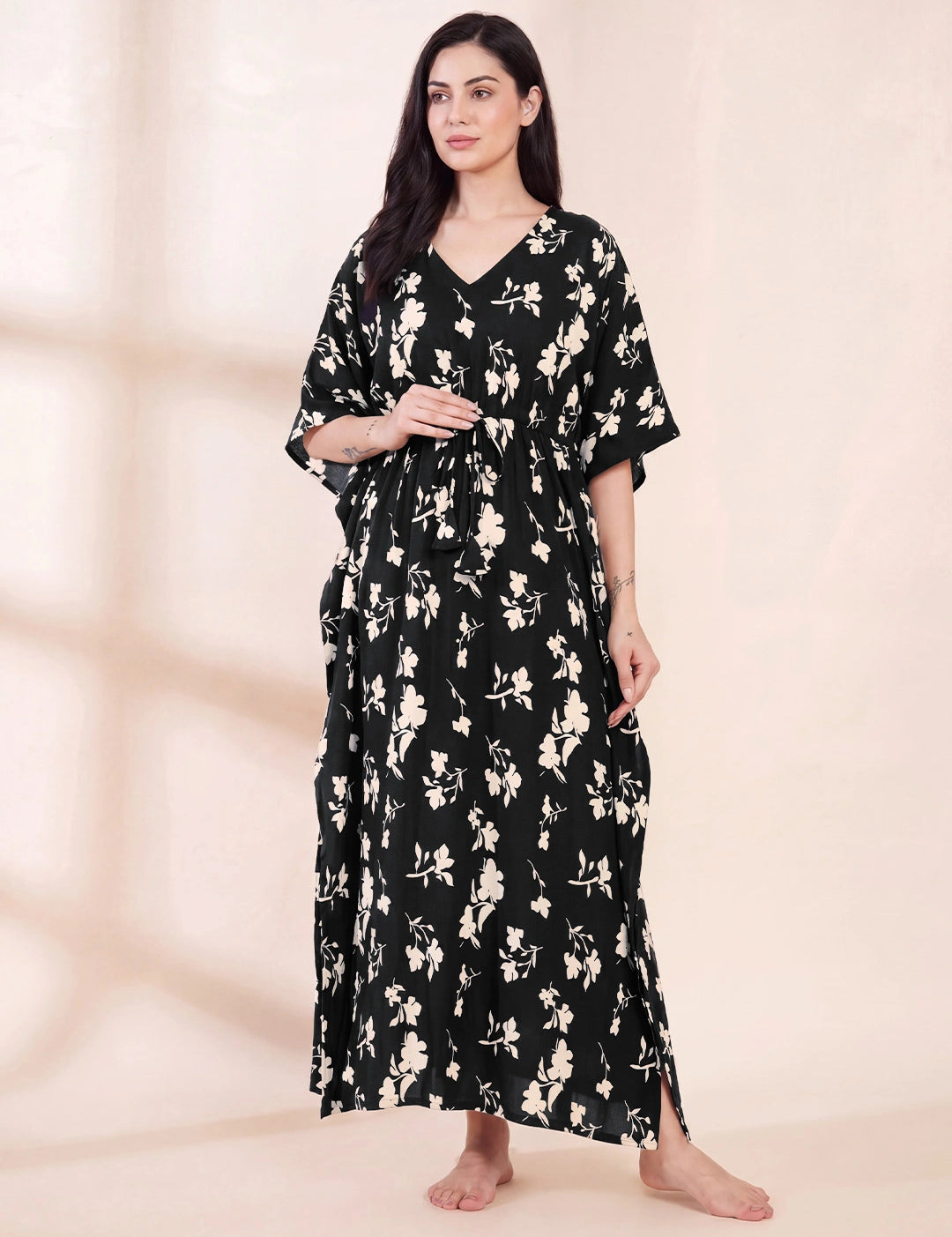 Black Floral Rayon Maternity Kaftan