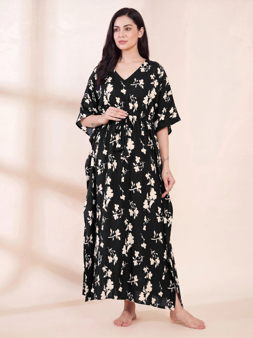 Black Floral Rayon Maternity Kaftan