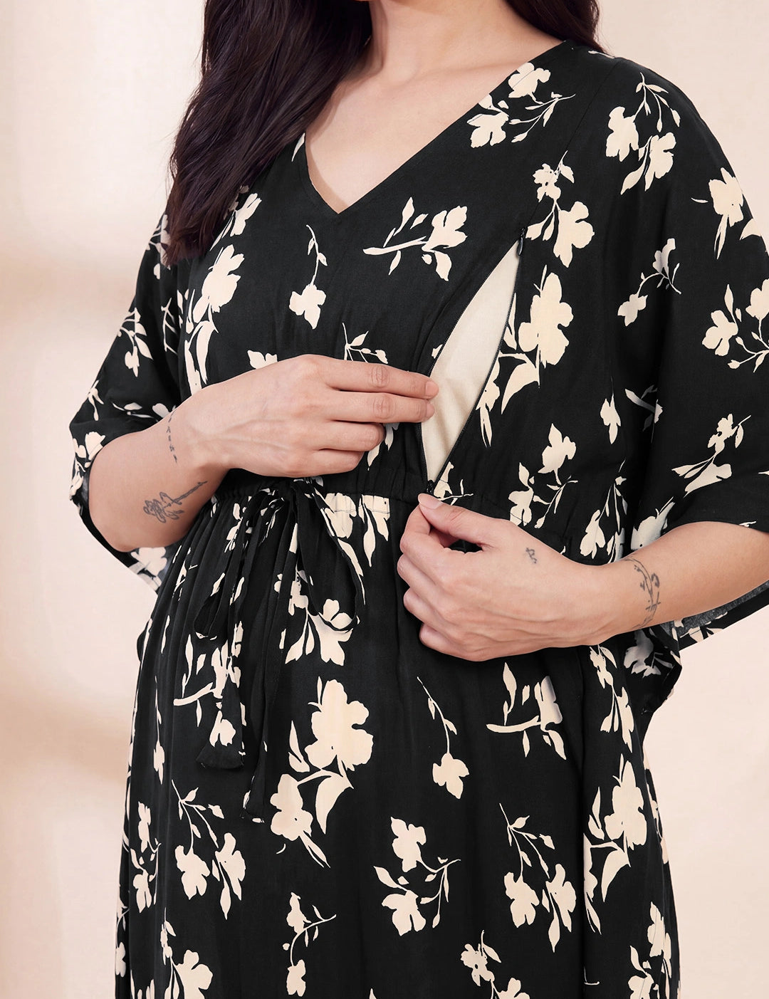 Black Floral Rayon Maternity Kaftan