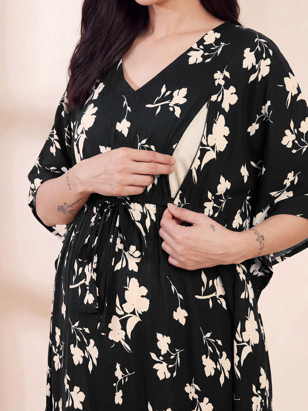 Black Floral Rayon Maternity Kaftan