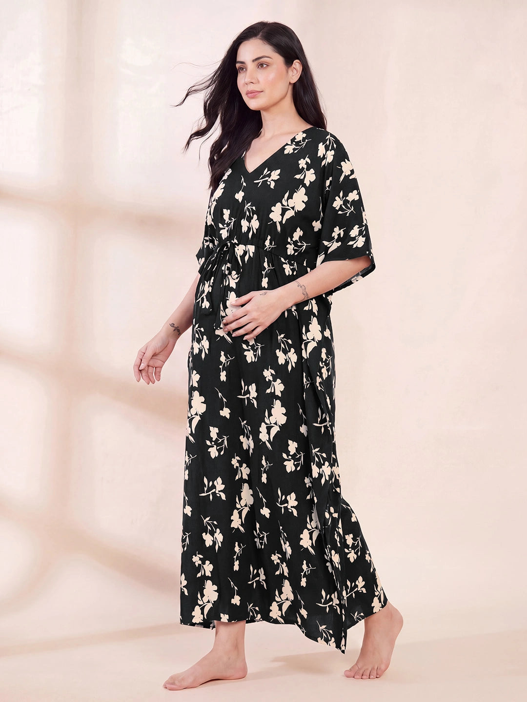 Black Floral Rayon Maternity Kaftan