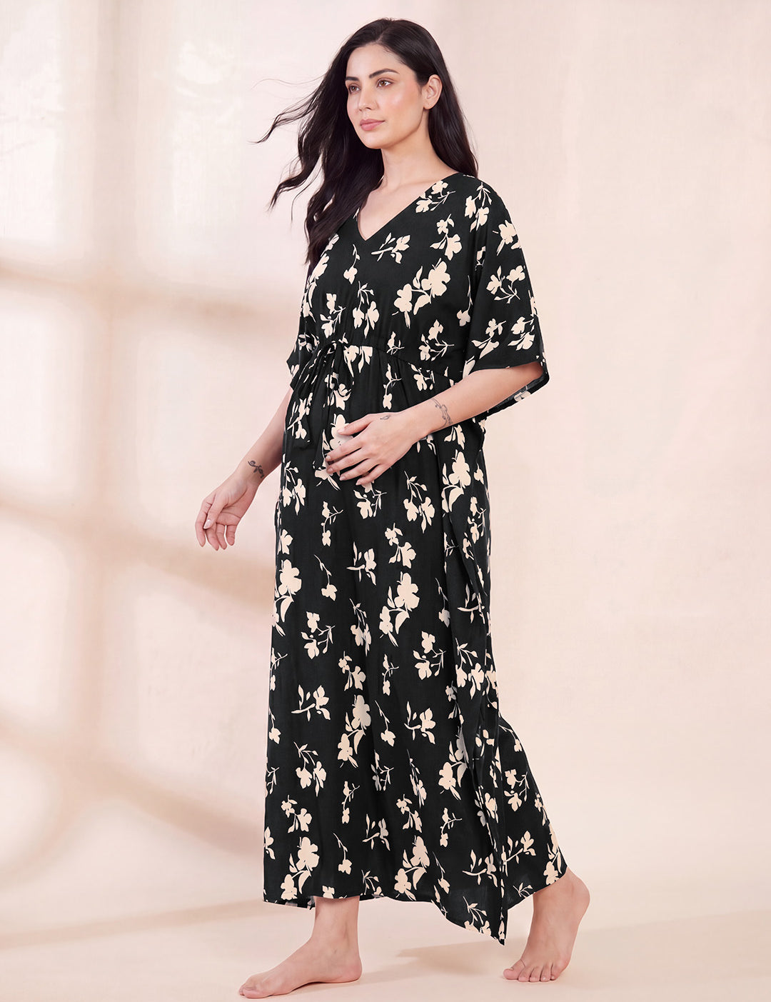Black Floral Rayon Maternity Kaftan