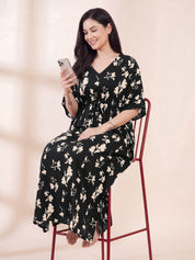 Black Floral Rayon Maternity Kaftan