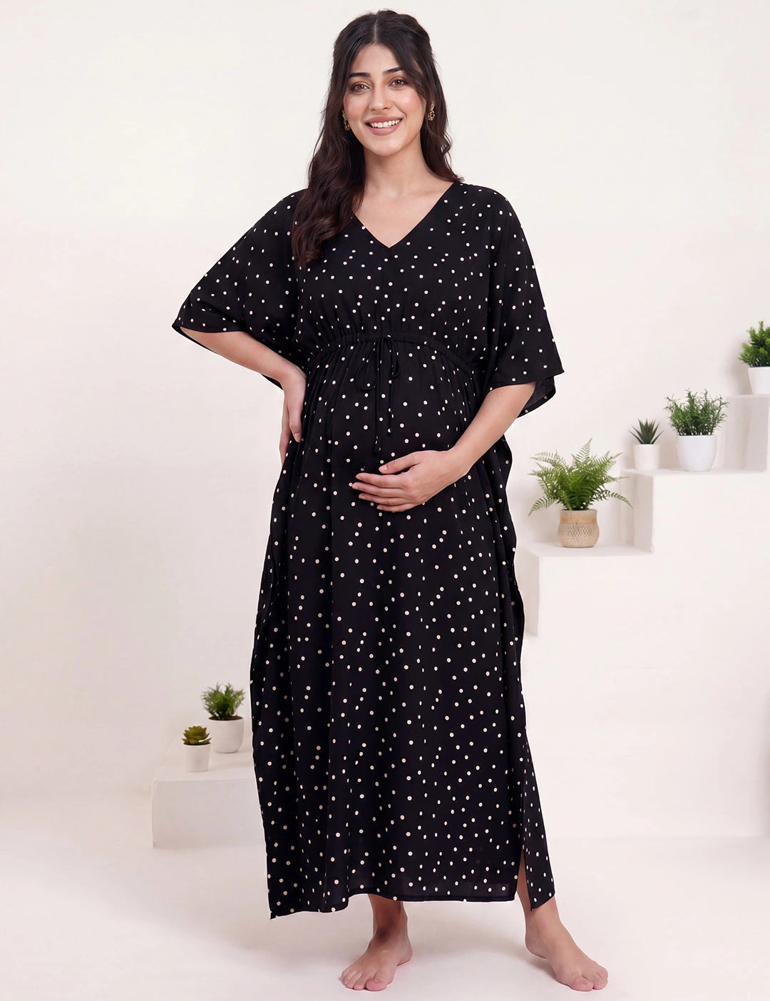 Black Polka Dots Rayon Maternity Kaftan