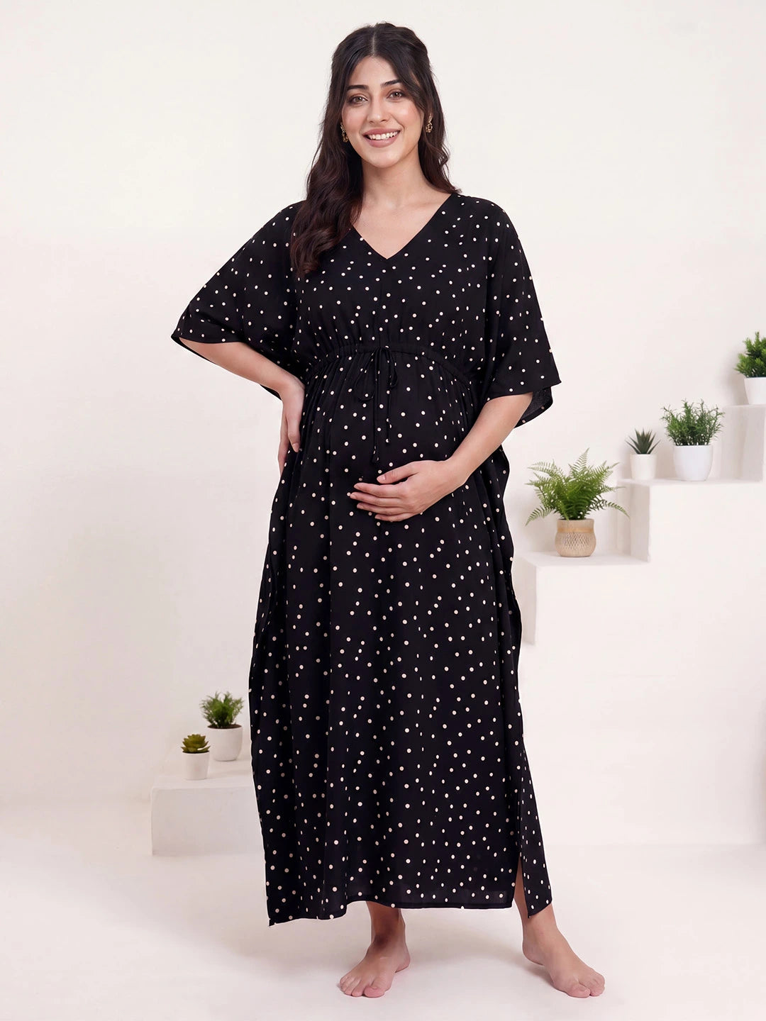 Black Polka Dots Rayon Maternity Kaftan