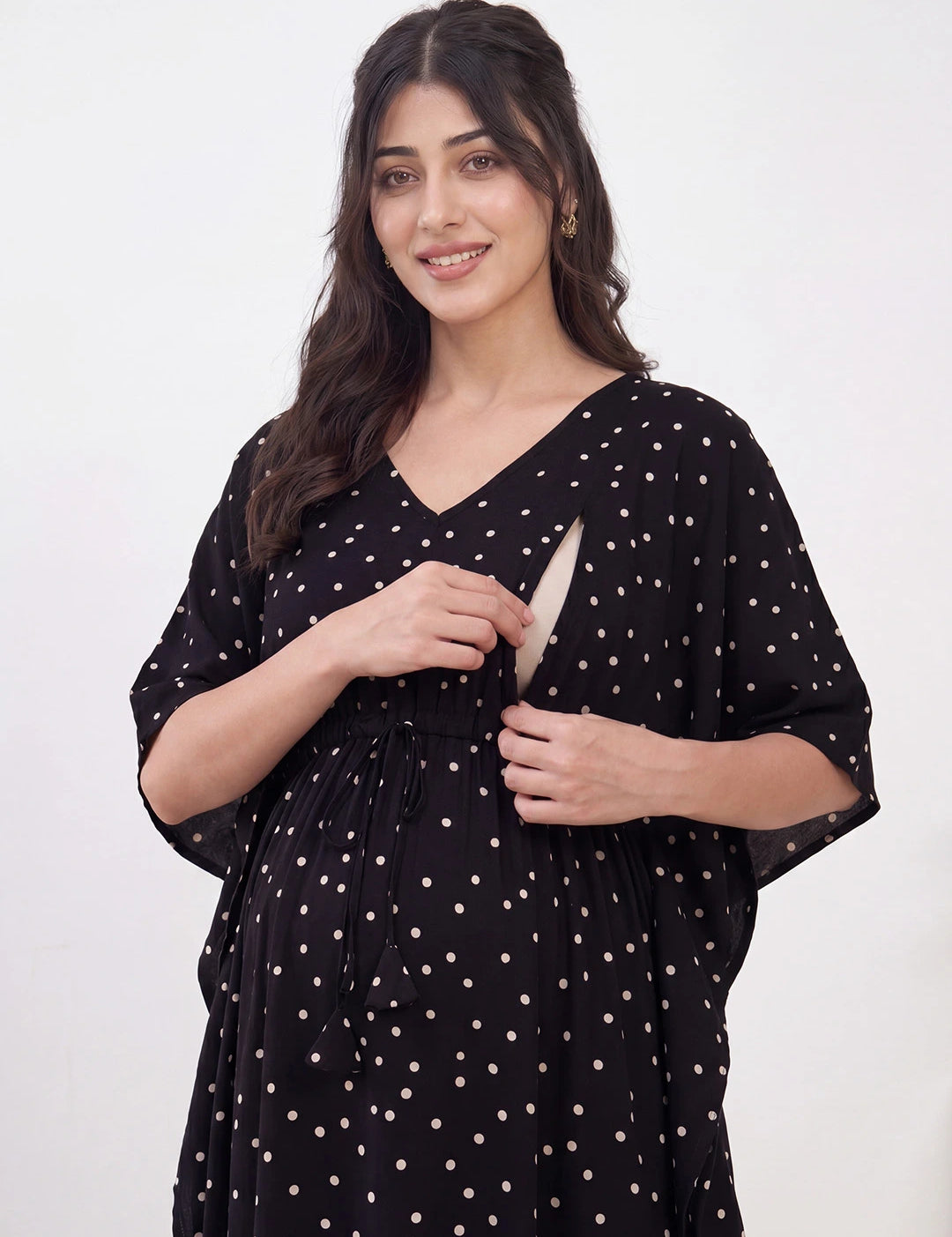 Black Polka Dots Rayon Maternity Kaftan