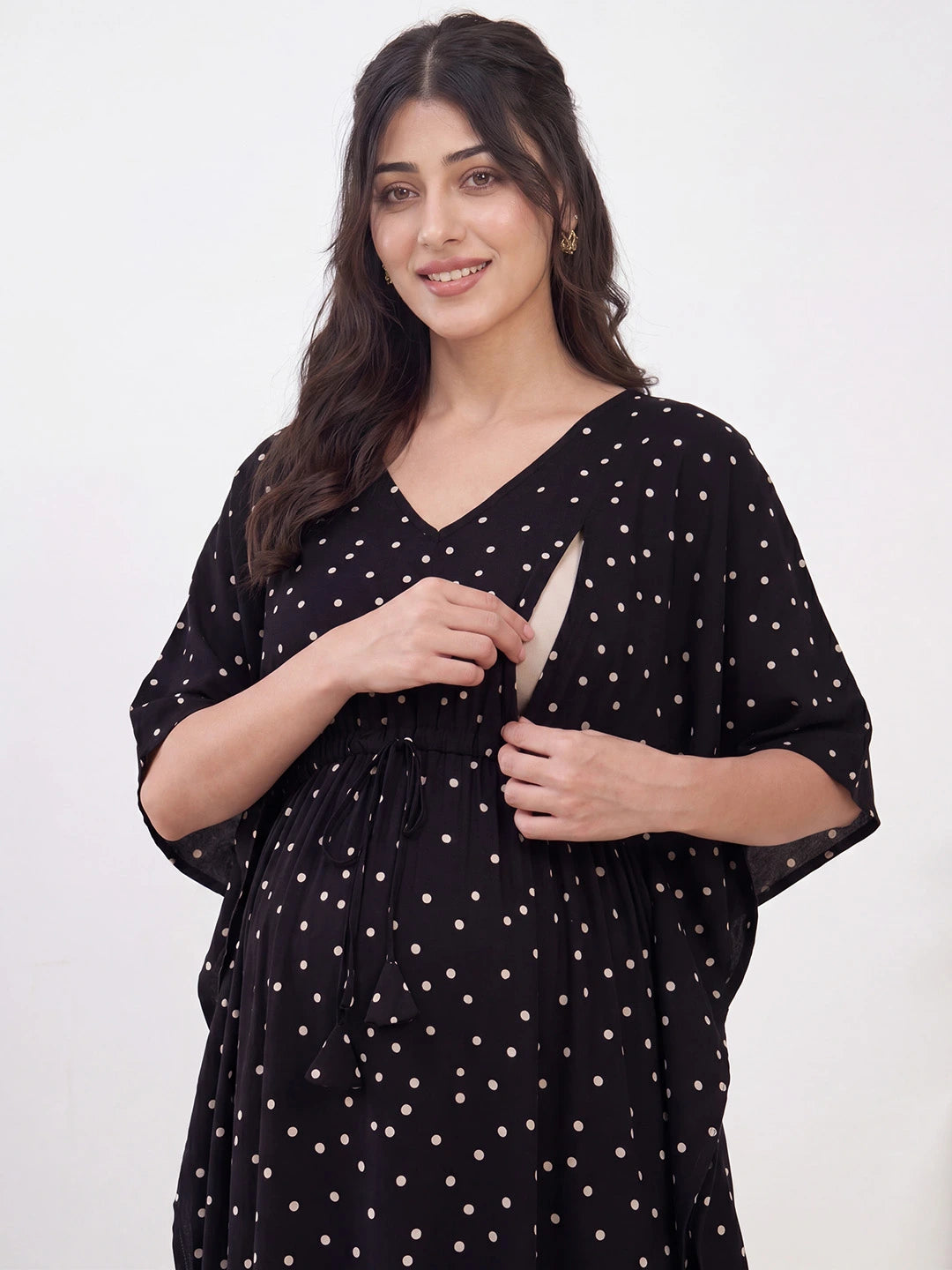 Black Polka Dots Rayon Maternity Kaftan