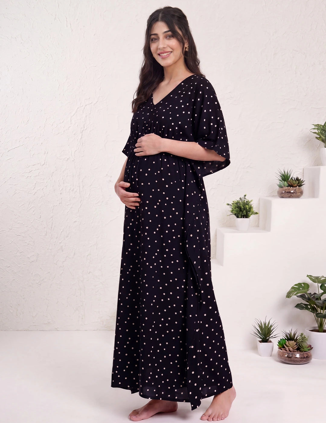 Black Polka Dots Rayon Maternity Kaftan