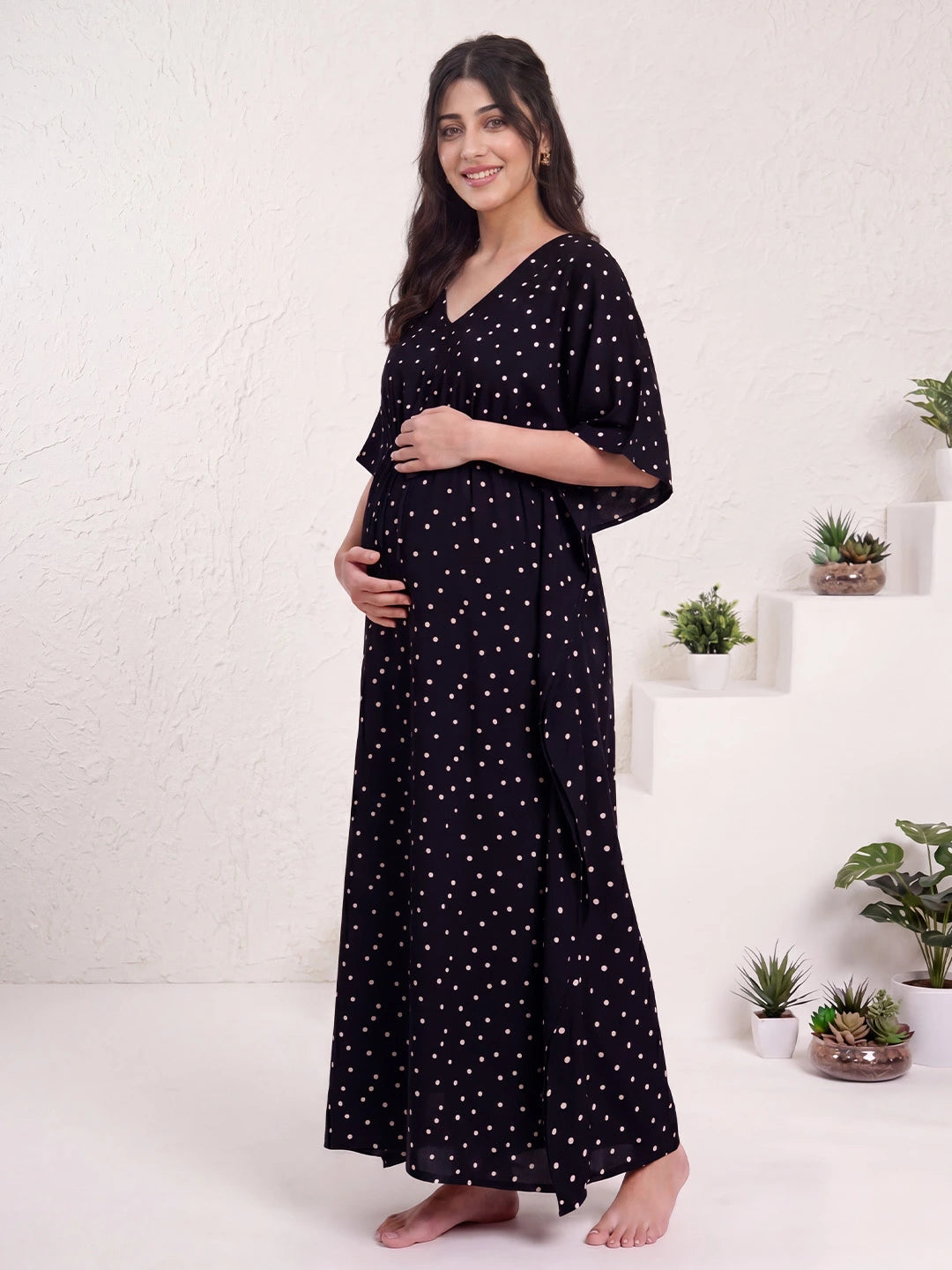 Black Polka Dots Rayon Maternity Kaftan