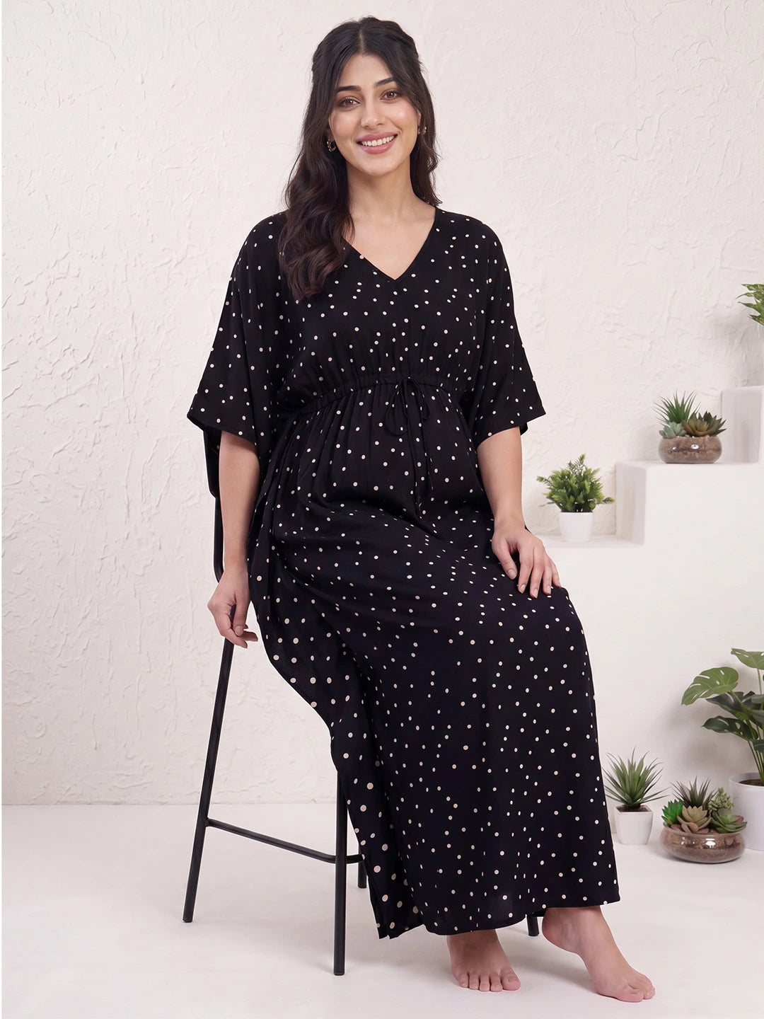 Black Polka Dots Rayon Maternity Kaftan