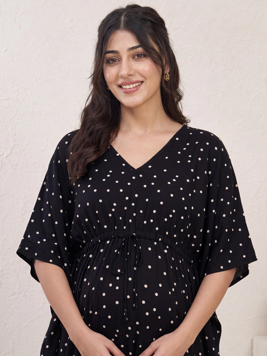 Black Polka Dots Rayon Maternity Kaftan