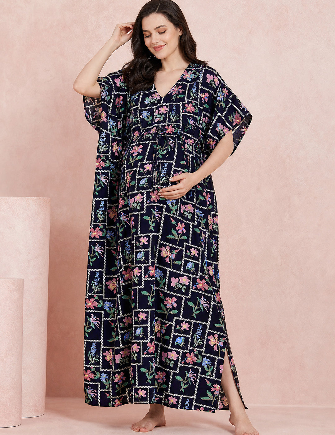 Navy Blue Pixelated Floral Rayon Maternity Kaftan