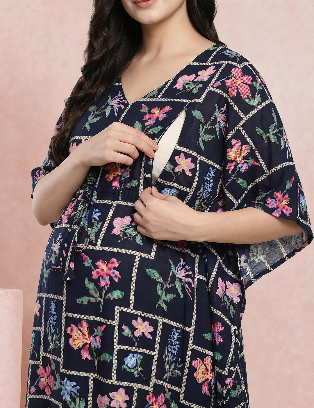 Navy Blue Pixelated Floral Rayon Maternity Kaftan