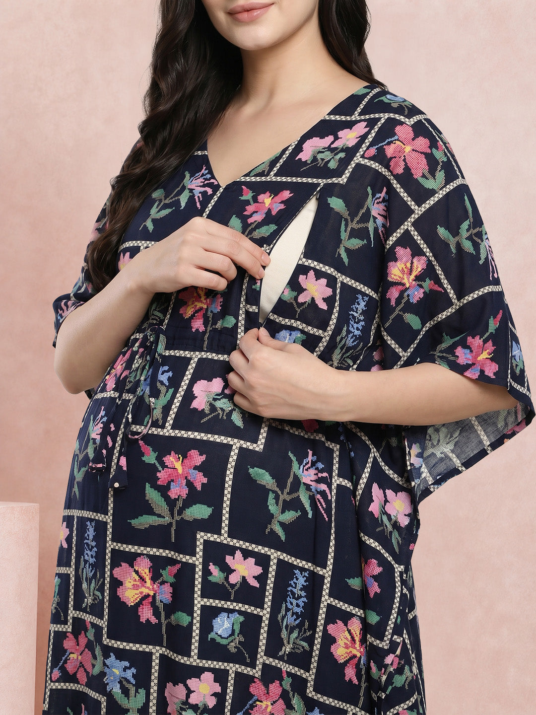 Navy Blue Pixelated Floral Rayon Maternity Kaftan