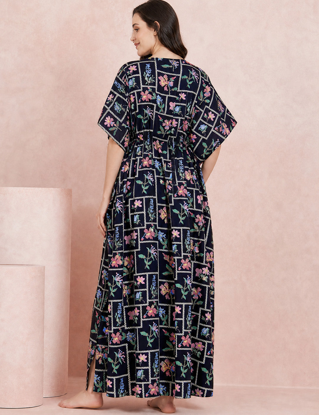 Navy Blue Pixelated Floral Rayon Maternity Kaftan