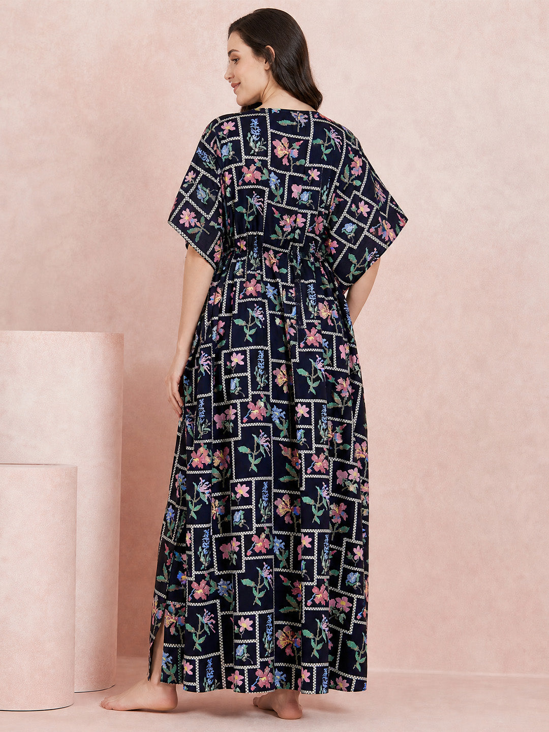 Navy Blue Pixelated Floral Rayon Maternity Kaftan