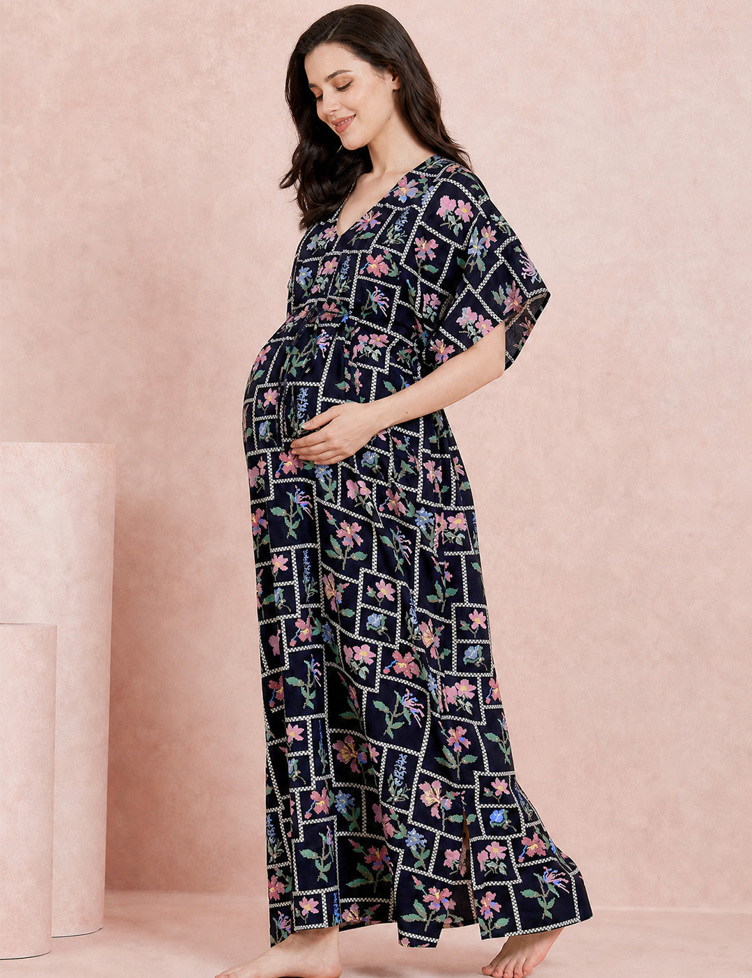 Navy Blue Pixelated Floral Rayon Maternity Kaftan