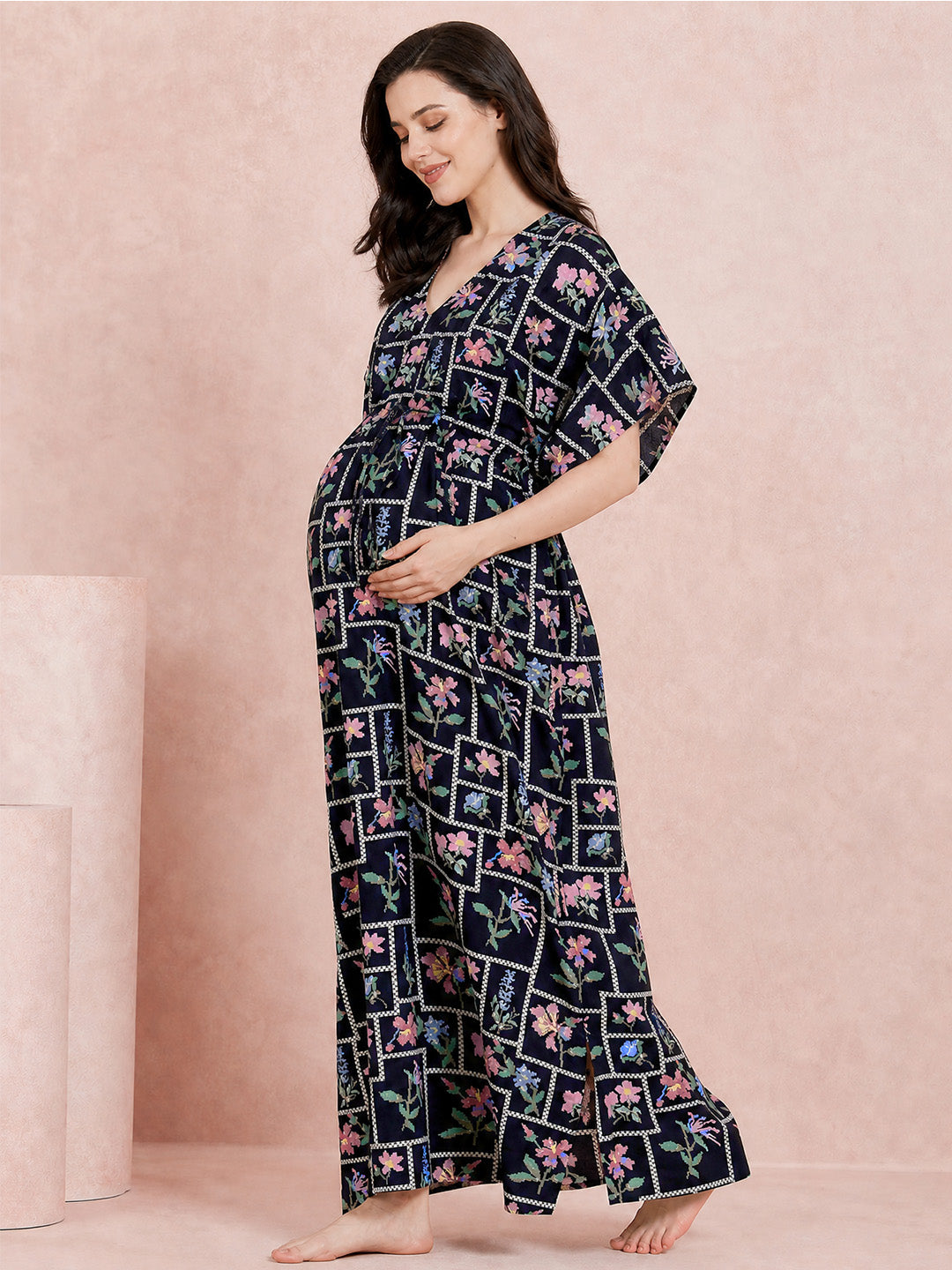 Navy Blue Pixelated Floral Rayon Maternity Kaftan