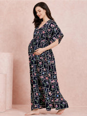 Navy Blue Pixelated Floral Rayon Maternity Kaftan