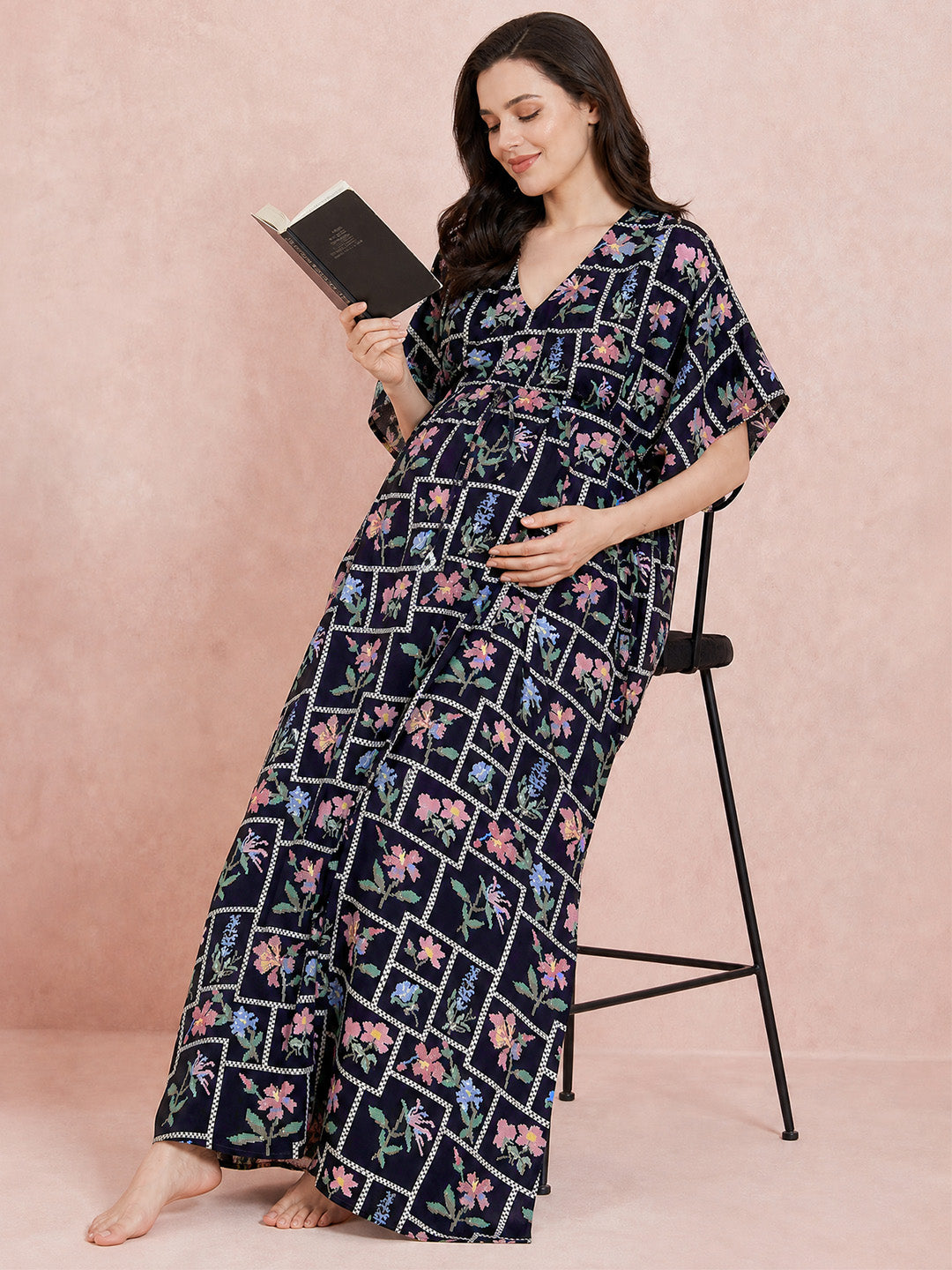 Navy Blue Pixelated Floral Rayon Maternity Kaftan