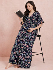 Navy Blue Pixelated Floral Rayon Maternity Kaftan