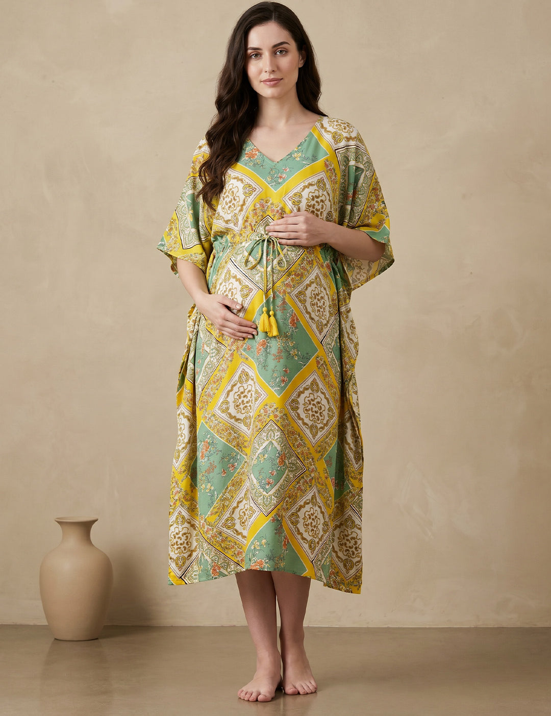 Yellow Printed Rayon Maternity Kaftan