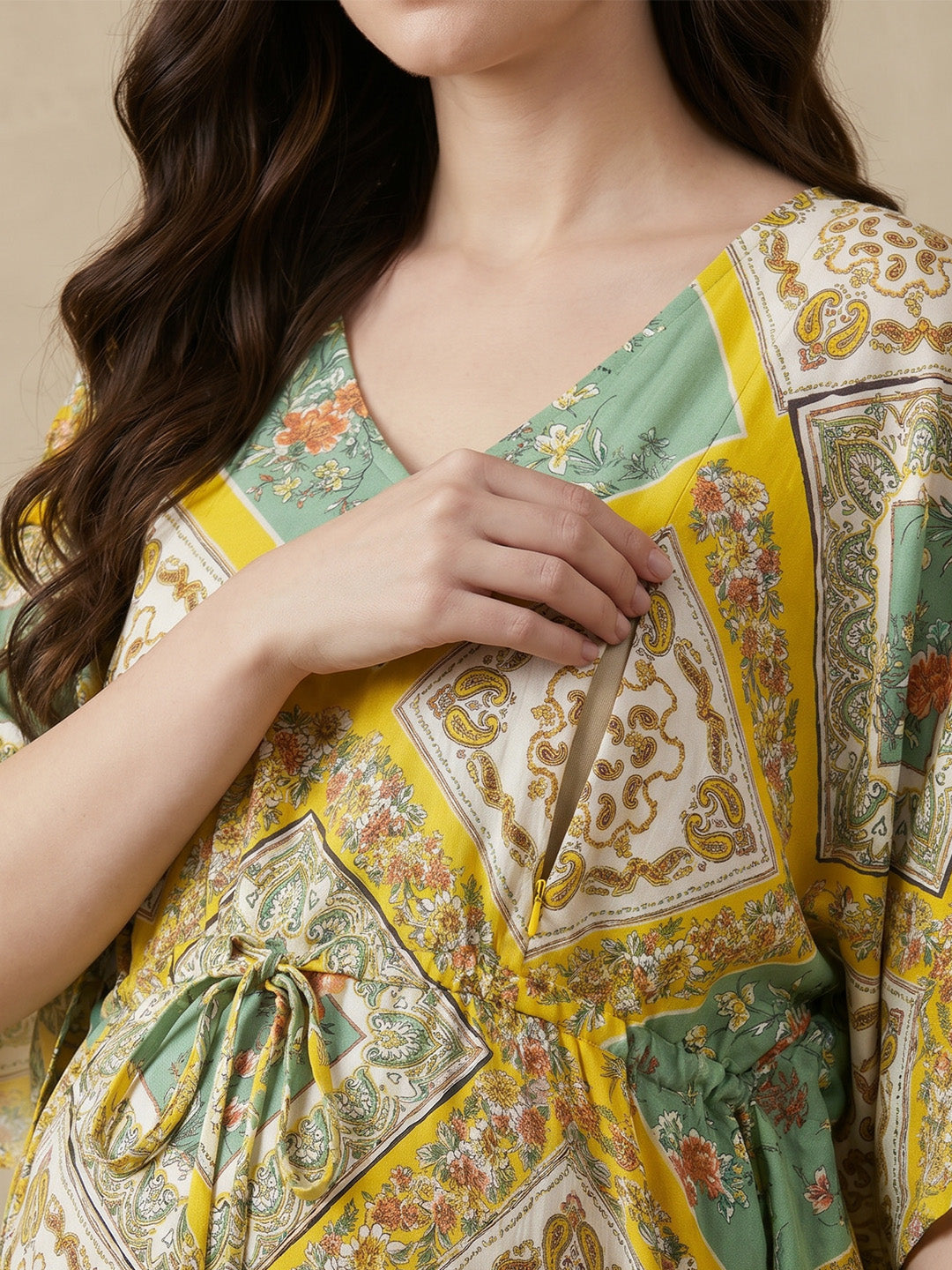 Yellow Printed Rayon Maternity Kaftan