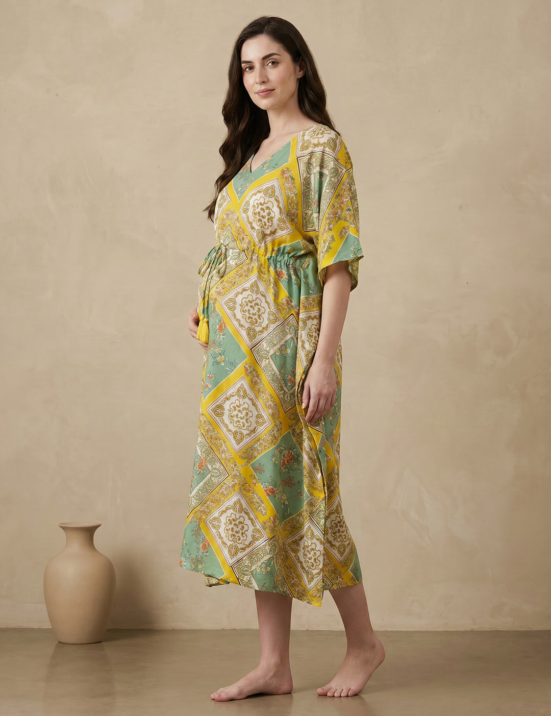 Yellow Printed Rayon Maternity Kaftan