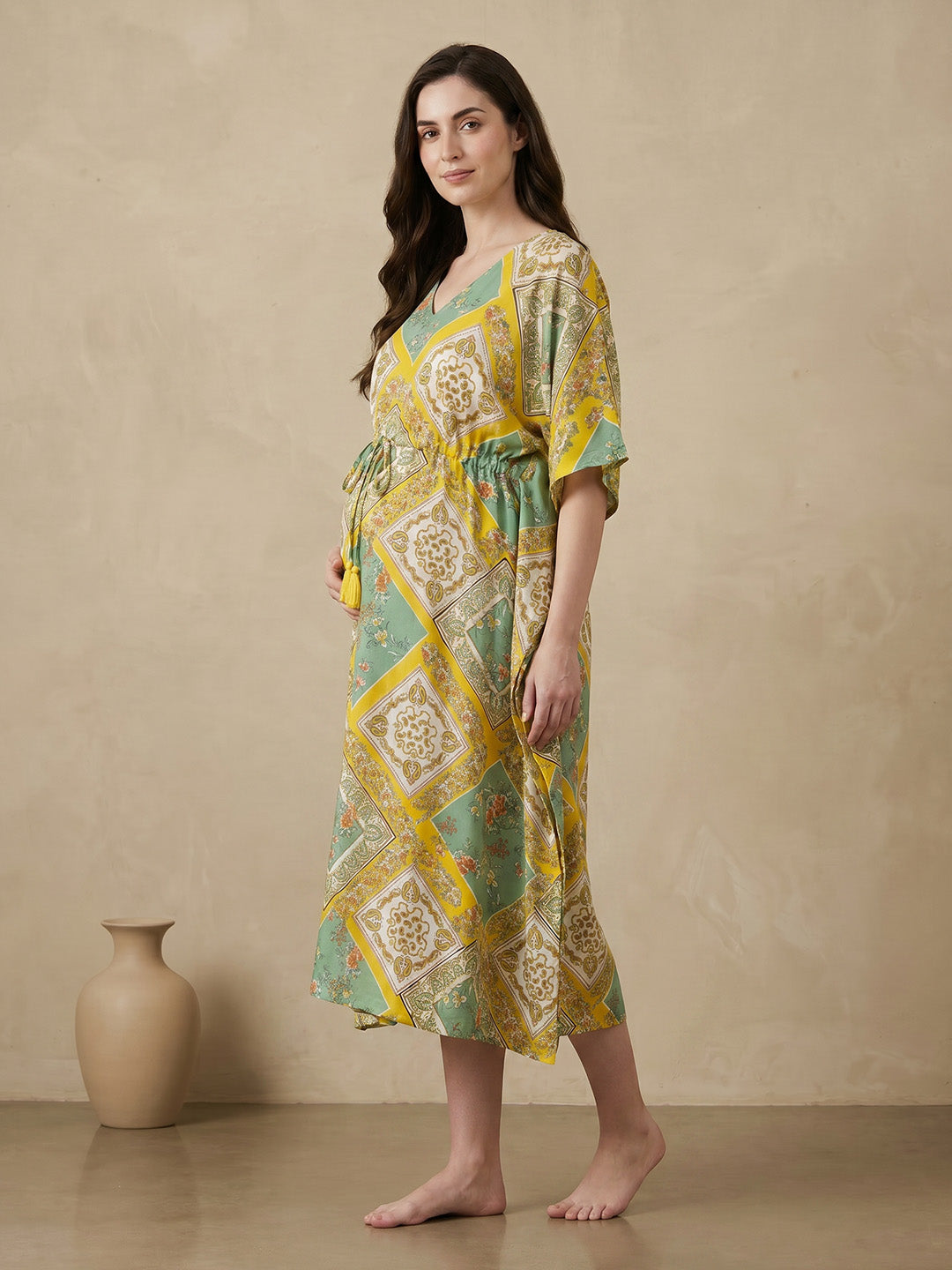 Yellow Printed Rayon Maternity Kaftan
