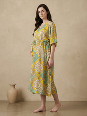 Yellow Printed Rayon Maternity Kaftan
