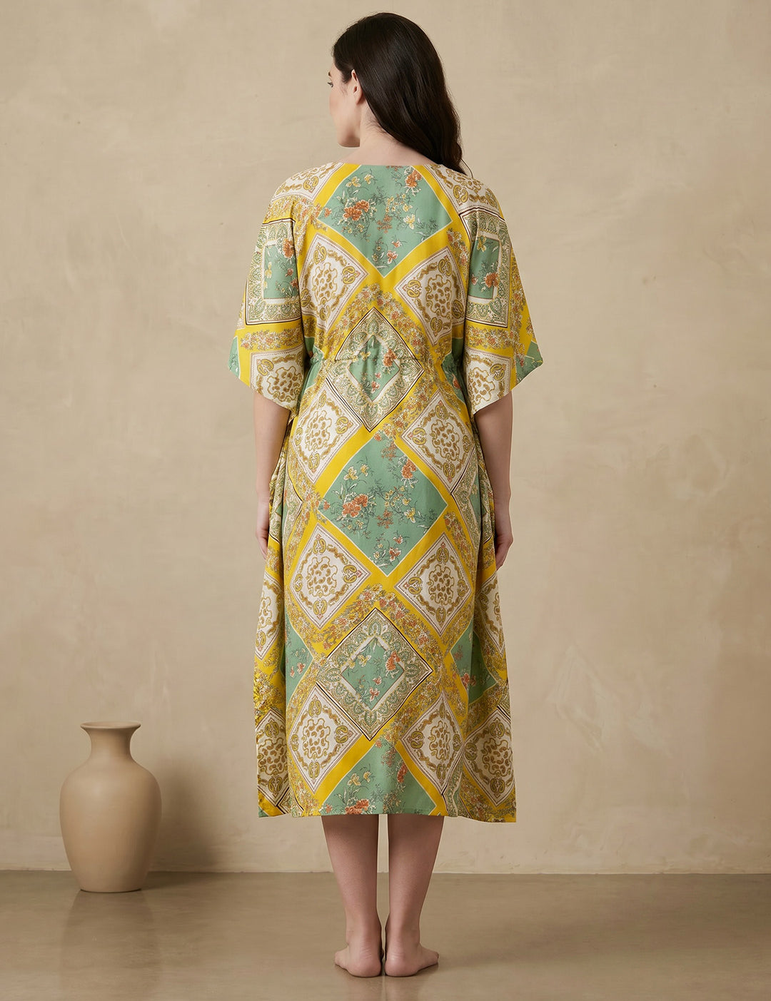 Yellow Printed Rayon Maternity Kaftan