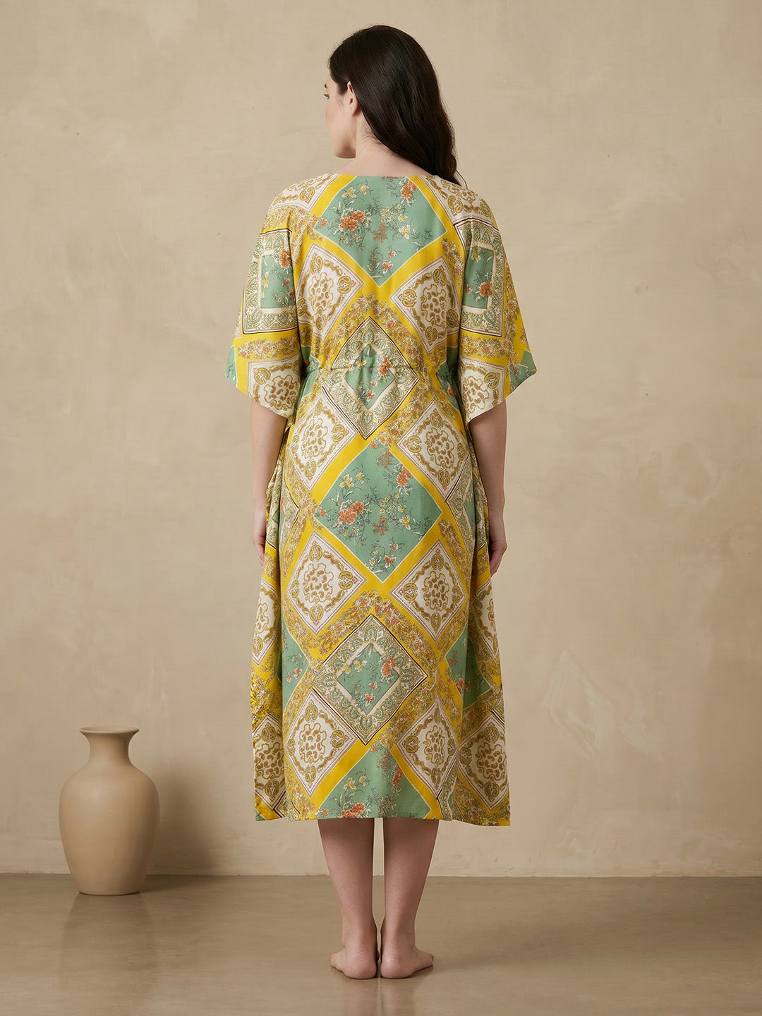 Yellow Printed Rayon Maternity Kaftan