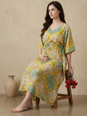 Yellow Printed Rayon Maternity Kaftan