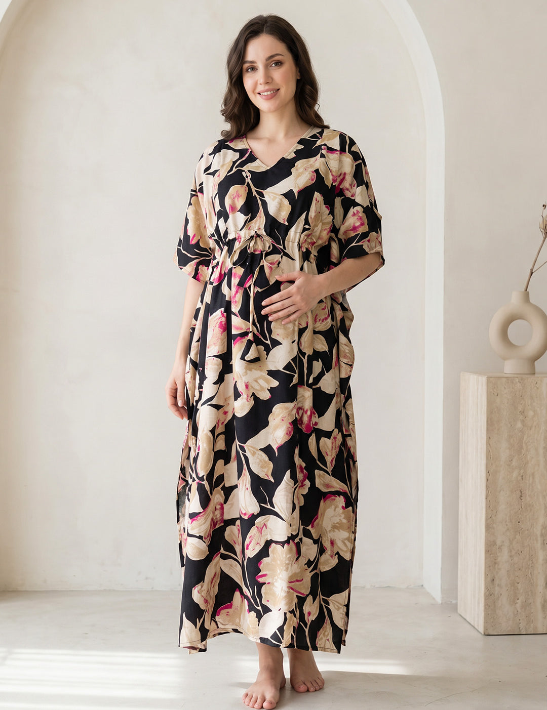 Black Floral Rayon Maternity Kaftan
