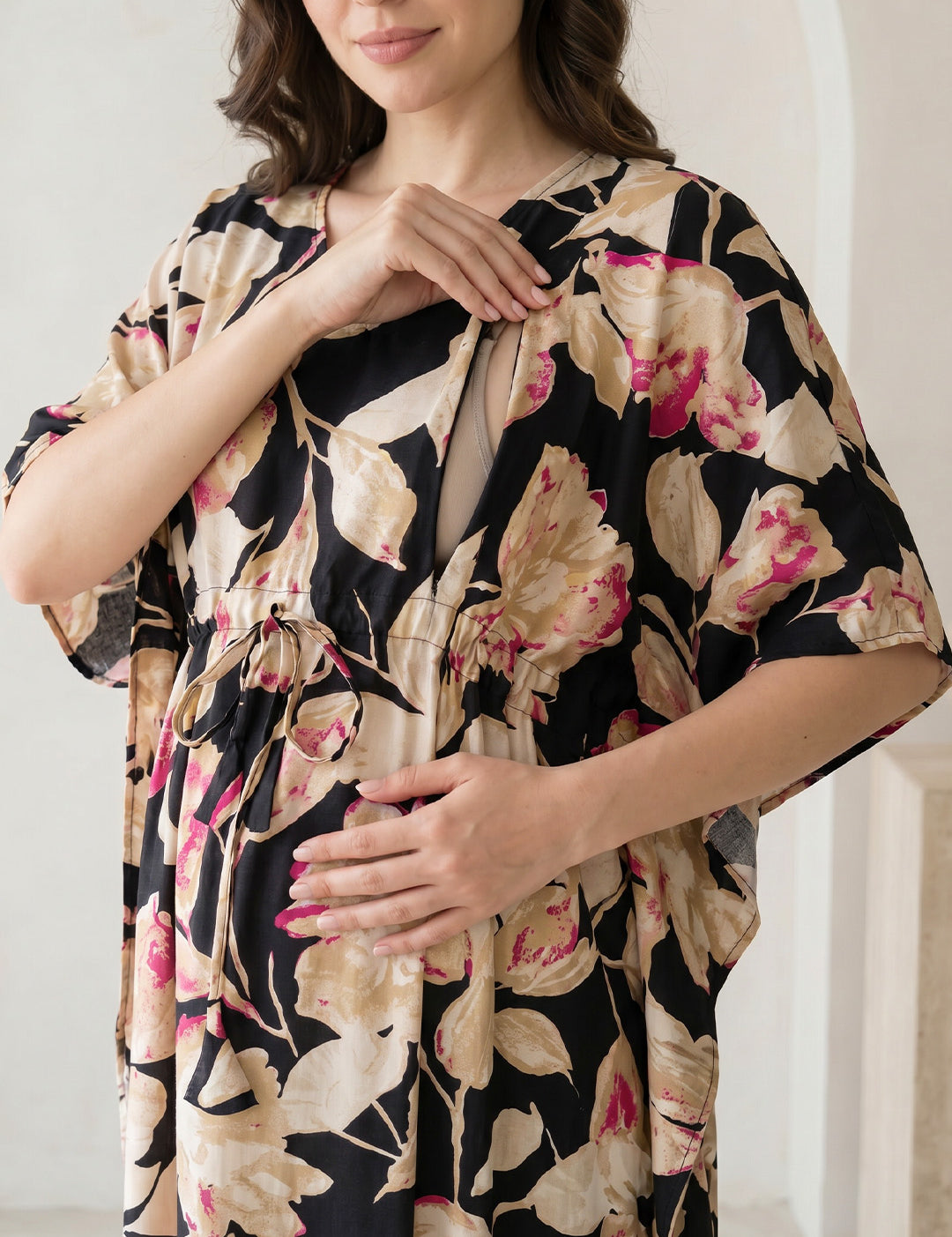 Black Floral Rayon Maternity Kaftan