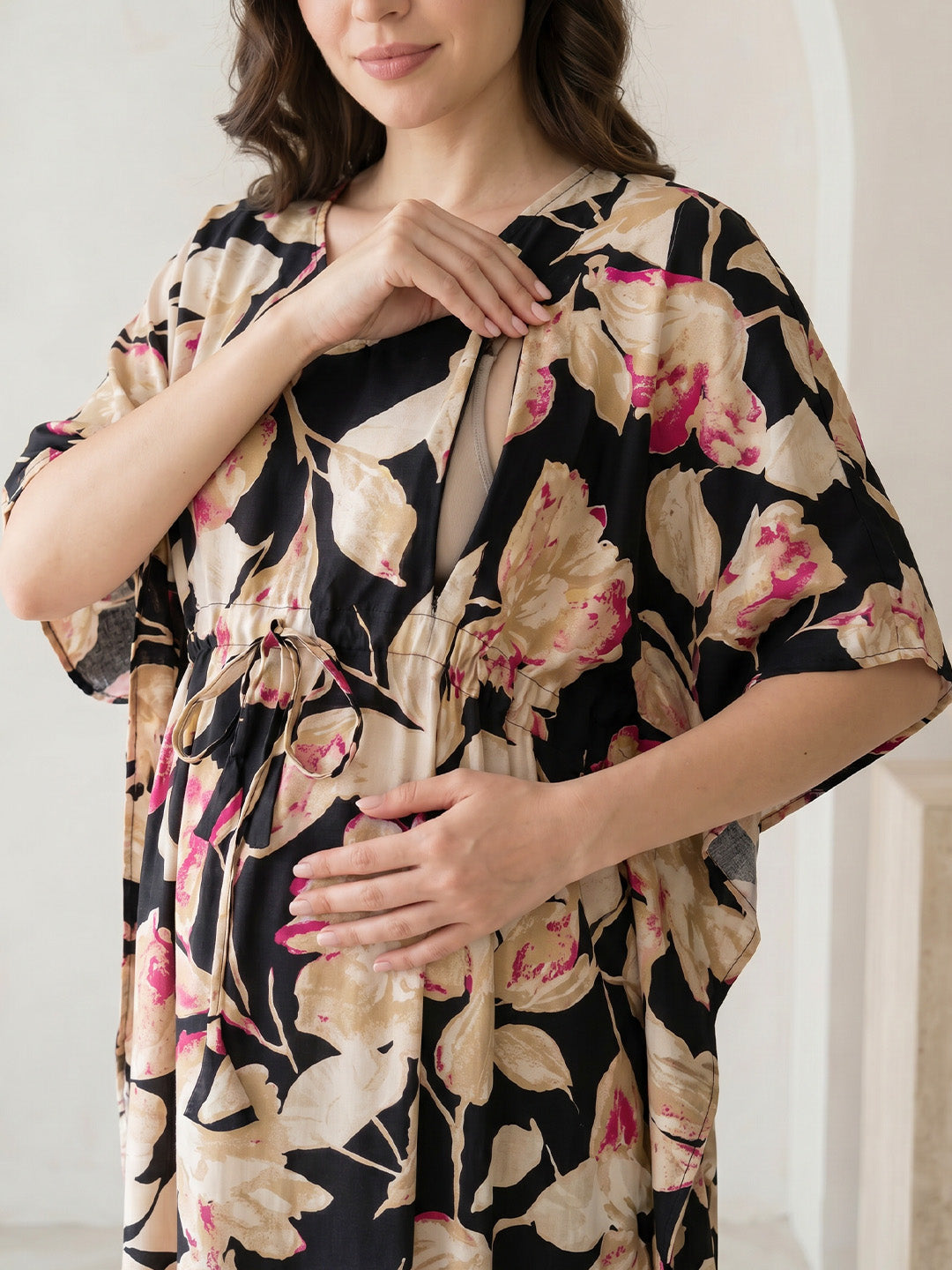 Black Floral Rayon Maternity Kaftan