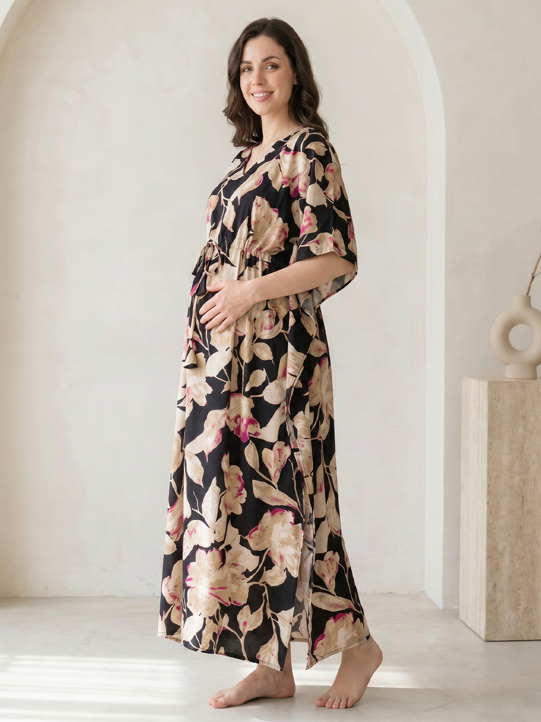 Black Floral Rayon Maternity Kaftan