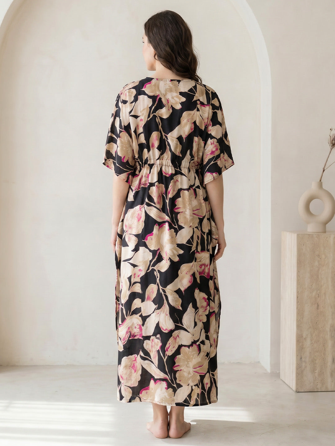 Black Floral Rayon Maternity Kaftan